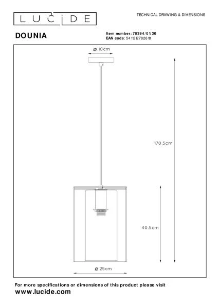 Lucide DOUNIA - Pendelleuchten - Ø 25 cm - 1xE27 - Schwarz - TECHNISCH